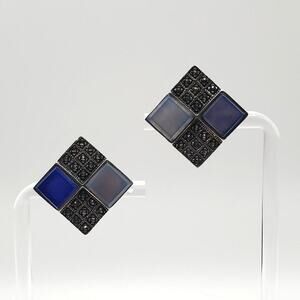 Sterling Silver 925 Marcasite Blue Glass Clip Earrings Signed SU TH